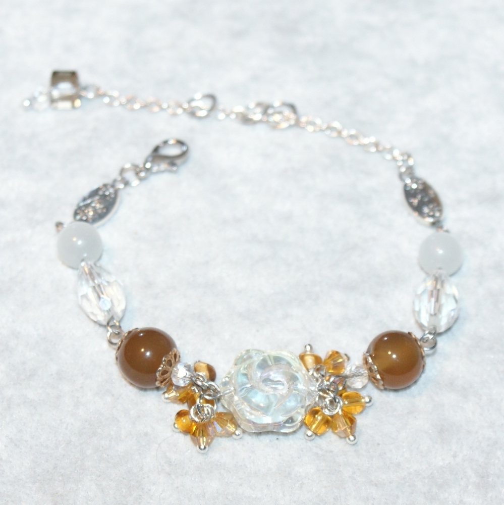 Clear glass flower bracelet with amber crystal clusters BC-25-005
